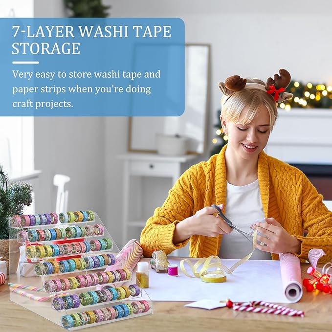 2 Pack Christmas 7 Tier Washi Tape Organizer, Clear Plastic Washi Tape Storage Rack, Assembly Storage Holder Dispenser Desk Accessories Display Caddy for Art Craft Supplies
