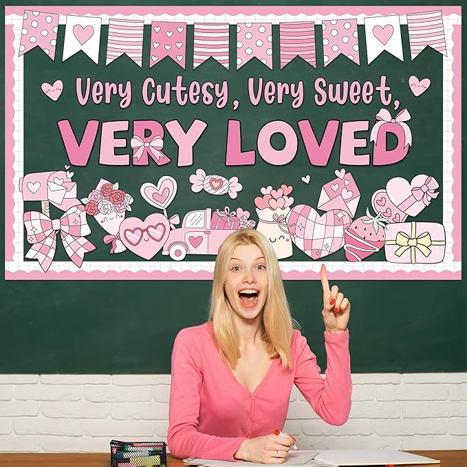 Valentine's Day Bulletin Board Decorations Set Very Cutesy Very Loved Pastel Pink Classroom Decoration Valentines Bows Candy Love Heart Cutouts for School Home Chalkboard Wall Decor Party Supplies