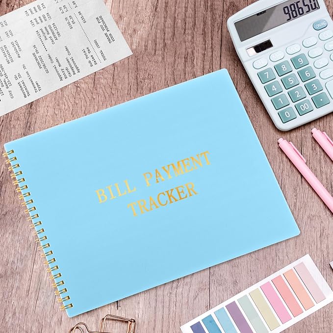 HAUTOCO Bill Tracker Notebook Monthly Bill Payment Tracker for Personal Budgeting Home Financial with 2 Storage Pocket, Payments Checklist Organizer Bill Planner 10.1 x 7.8'', Sky Blue