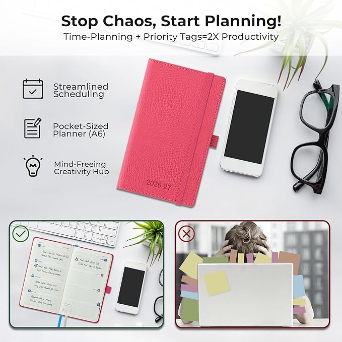 Weekly Monthly 2026-2027 Planner (July 26-Dec 27),6.5"x3.75",18 Months Agenda Plan with Month Tabs & Pocket,Expenses/Note Pages, Academic Calendar with Vegan Leather Cover,Rose Red