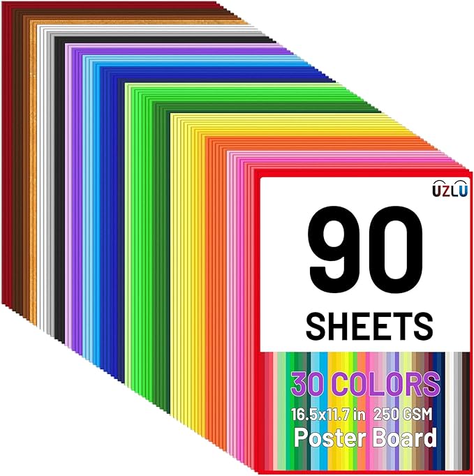 90 Pcs Colored Poster Board 30 Assorted Color Posterboard Paper Bulk 16.5 x 11.7 in 250 GSM Thickness Cardstock A3 Large Blank Vision Boards for School Drawing Craft Projects DIY Display Supplies