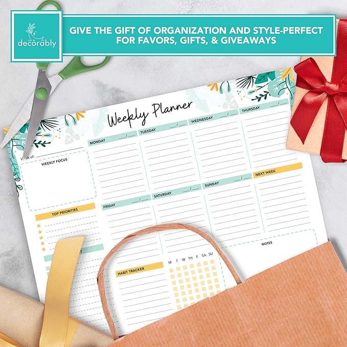 Decorably 52 Sheets Mint Green Undated Weekly Planner Notepad Large - 6.5x10in Spring-Bound Pad, for Focus, Priorities, to-Do List, Habit Tracker, Agenda, Notes - Home, School, Office