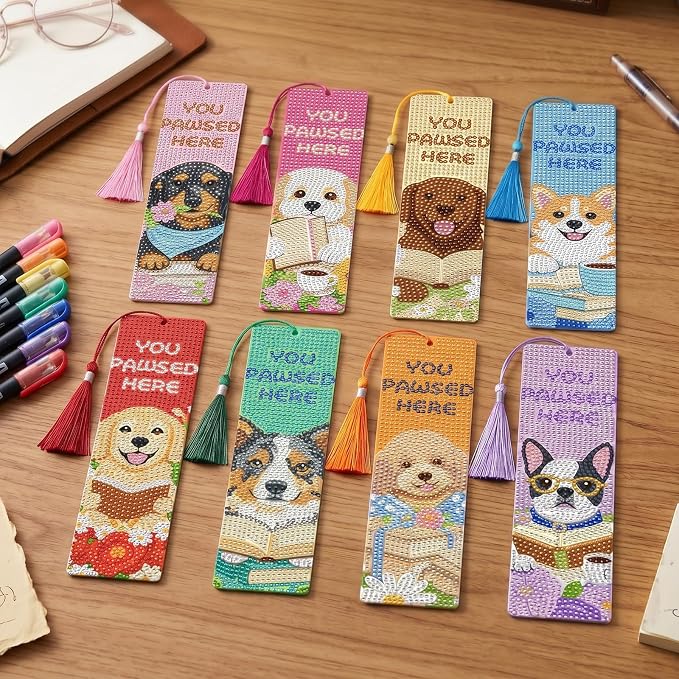 Dog Diamond Art Bookmarks - 8 PCS DIY Diamond Painting Bookmarks Kits Flower Art Craft Supplies Birthday Dog Gift for Dogs Lovers, Birthday Festival Gift for Reading Lover Beginners