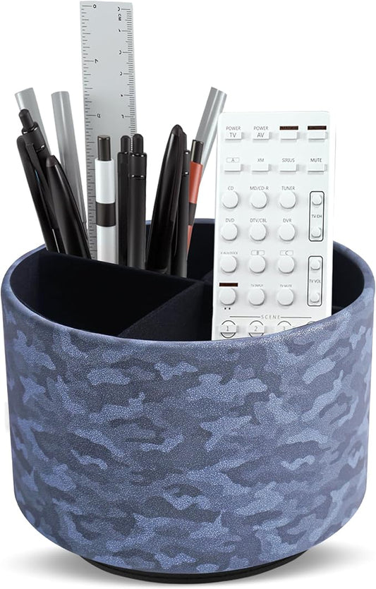 Round Leather Art Supply Organizer,Remote Control Holder,360 Degree Rotating,Multi-Functional Pencil Holder,4 Compartments Desktop Stationary Organizer(1-Camouflage Blue)