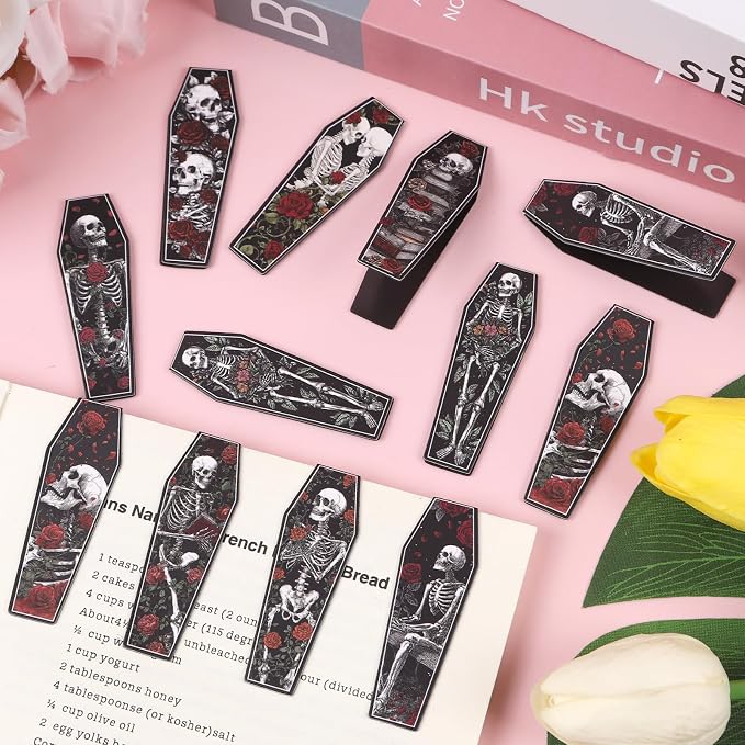 Wxiben Skeleton Coffin Magnetic Bookmark - 30 Pcs Gothic Skull Bookmarks for Book Lovers Skull Horror Book Marks Halloween Magnet Page Marker Clip Gifts for Women Men Students Teacher Reading Bookish