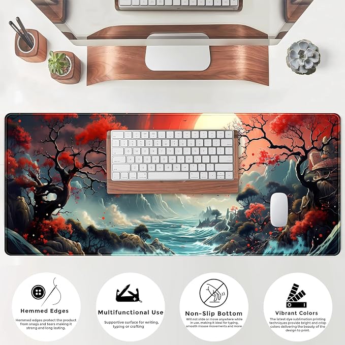 Japanese Desk Mat Extended Gaming Mousepad Japan Large Mouse Pad XL Oceanic Passage Aesthetic Desk Pad Keyboard Mat Laptop Desktop Mouse Mat 31.5''X11.8'' Deskmat with Stitched Edges
