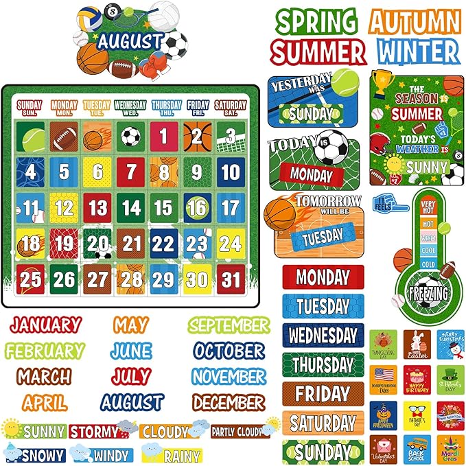 Cholemy 85 Pcs Calendar Bulletin Board Set Classroom Calendar Bulletin Board with Numbers Month Weather Classroom Decoration Wall Decor for Chalkboard Back to School Supplies(Sports)