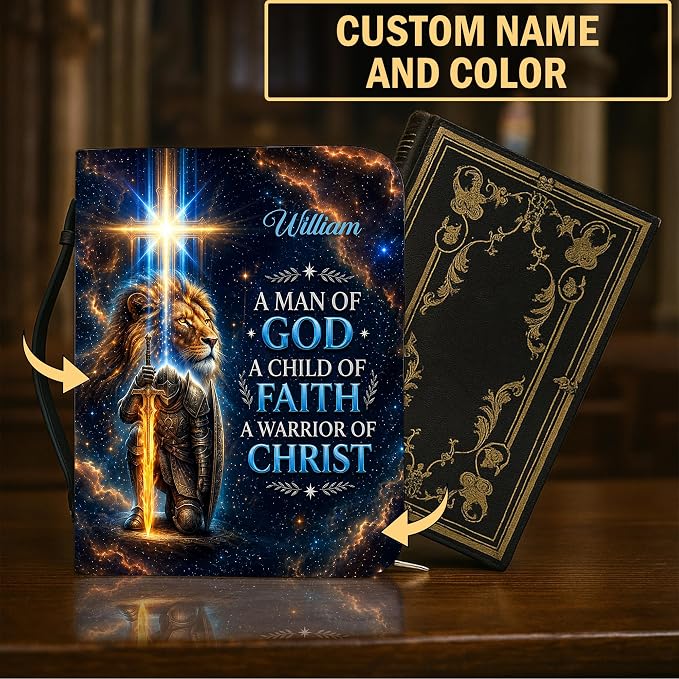 Personalized Man of God Bible Cover for Men, Christian PU Leather Bible Case with Handle Zipper, God Says I Am Warrior Scripture Bible Holder, Religious Gift for Men (Warrior of Christ 2)