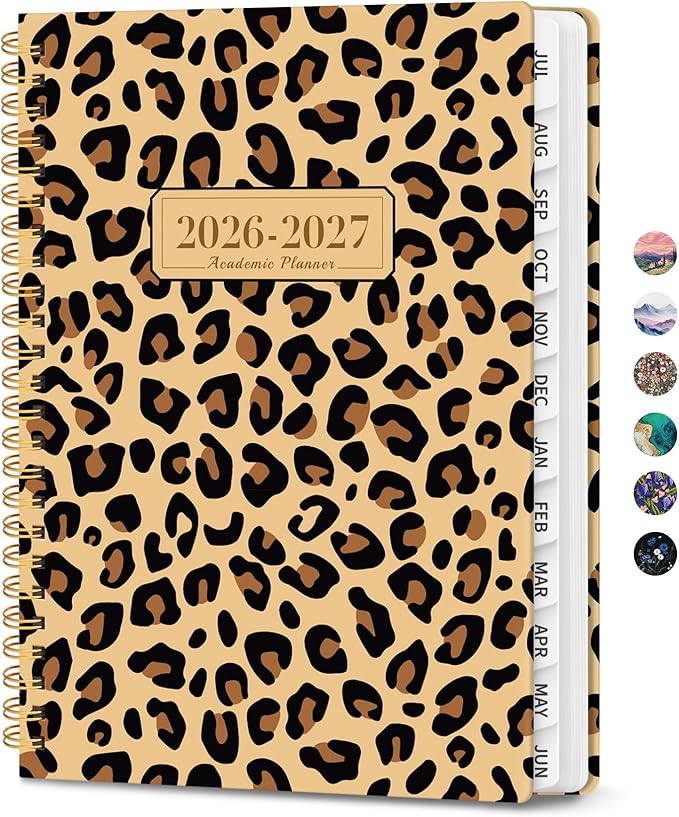 Planner 2026-2027, Monthly and Weekly Academic Planner July 2026 - June 2027, Hardcover Student Teacher Planning Agenda Calendar Book with Tabs, Perfect for Office School Supplies, A5 (6.3" x 8.5") - Leopard