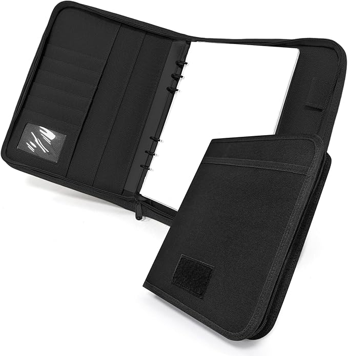 Tactical Notebook Cover, A5 Padfolio 6 Ring Binder with Big Back Pocket & Hand Strap, Zippered Hardcase Planner for Journal, College, Office, Field (Black, A5(7.3 x 10 inches))