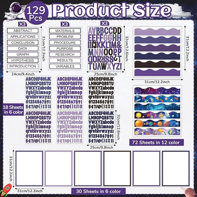 129Pcs Planet Space Science Fair Board Supplies Includes Self Adhesive Science Fair Project Titles Subtitles Presentation Bulletin Border Letter Stickers Scalloped Bulletin Border for Classroom Office