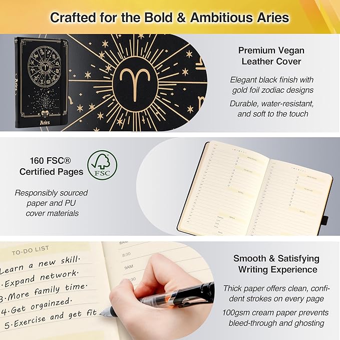 AuroPlanner Aries Zodiac Undated Planner – Monthly Weekly Daily Astrology Portable Journal Notebook, A5 (5.8” × 8.3”), 160 Pages 4-Month Layout, 100 GSM Paper