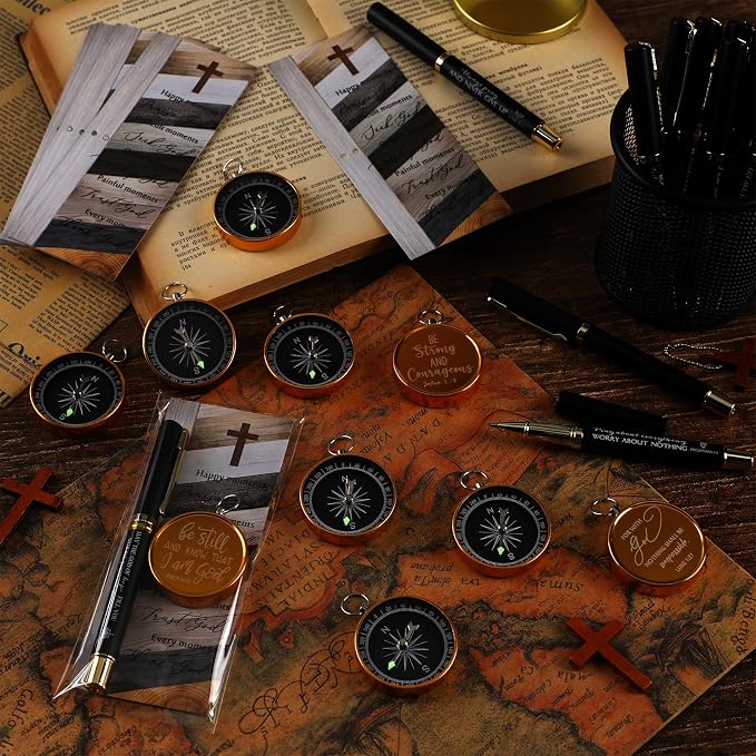 Spakon 30 Sets Father's Day Christian Gifts for Men Bible Verse Compass Pen Religious Bookmark Inspirational Church Gifts for Pastor Appreciation Day Grandpa Men Christmas (Classic)