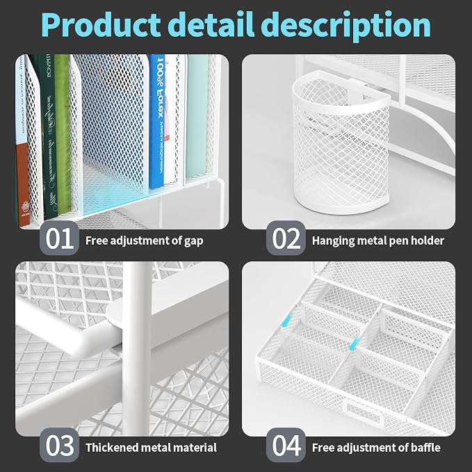 FANXIYQ Metal Desk Organizer with Sliding Drawer, 7-Section File Organizer for Desk, Desktop File Folder & Paper Organizer with 2 Hanging Pen Holders, Office Supplies Organizer, White