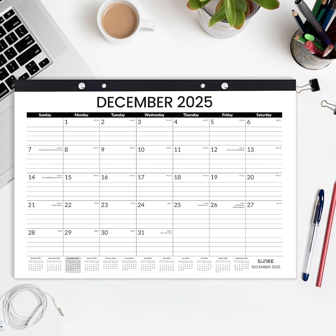 SUNEE Desk Calendar 2026, 18 Months from Oct. 2025 to Mar. 2027, 17"x12" Academic 2026 Calendar for Home, School, or Office Desk Top Organizing, Black Monthy Calendar 2026
