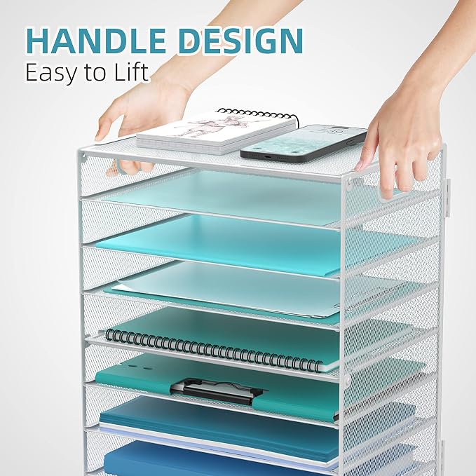 DALTACK 9-Tier Paper Organizer for Desk, Mesh Letter Tray Desk Organizer with Handles, Space-Saving File Organizer for Office Home School, White