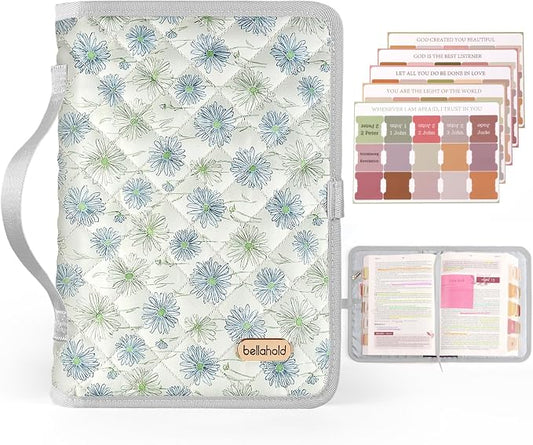 BellaHold Adjustable Bible Cover with 75 Bible Tabs - Bible Cover Case for Women，Waterproof, Washable Quilted Bible Case，Reusable Christian Gifts for Women (Daisy-L)