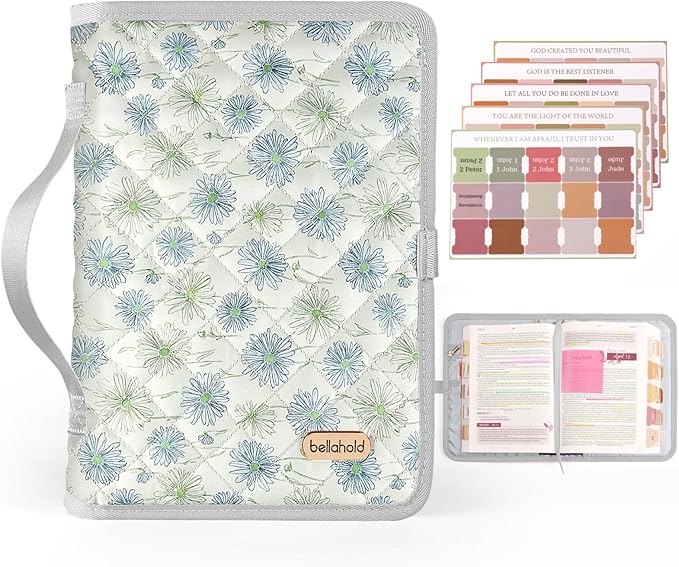 BellaHold Adjustable Bible Cover with 75 Bible Tabs - Bible Cover Case for Women，Waterproof, Washable Quilted Bible Case，Reusable Christian Gifts for Women (Daisy-M)