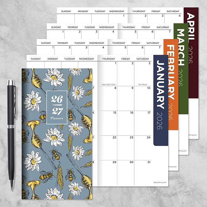 TF Publishing 2026-2027 Honey Bees Small Monthly Pocket Planner with 2 Page Large Calendar Grid and Lined Notes Section - 2 Year Pocket Calendar 2026-2027 Perfect for Purse - 3.5in x 6.5in