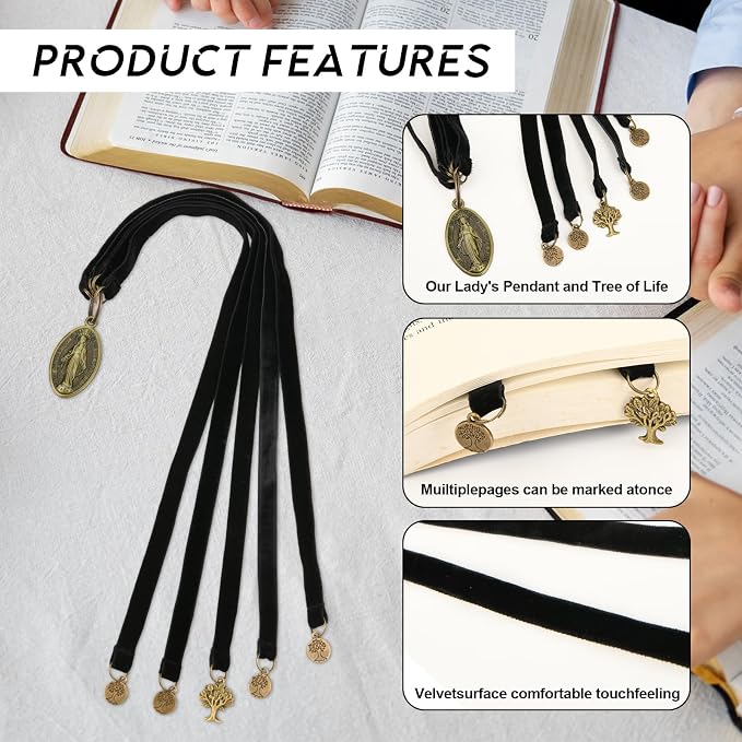 Bookmarks, Bible Bookmark - Black Velvet Bookmarks for Book Lovers with 5 Strings with Tree of Life Lucky Charm Pendant and Mother of God Charm, Christian Saint Book Mark, Ideal Christian Gift