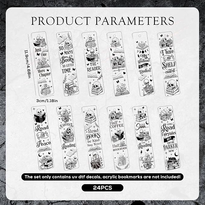 UV DTF Bookmark Wraps - 24 Sheets Skeleton Reading Books UV DTF Stickers for Acrylic Bookmark Blanks, Black Skull Romantic Rub on Transfer Decals for Book Lover DIY Crafts Gift