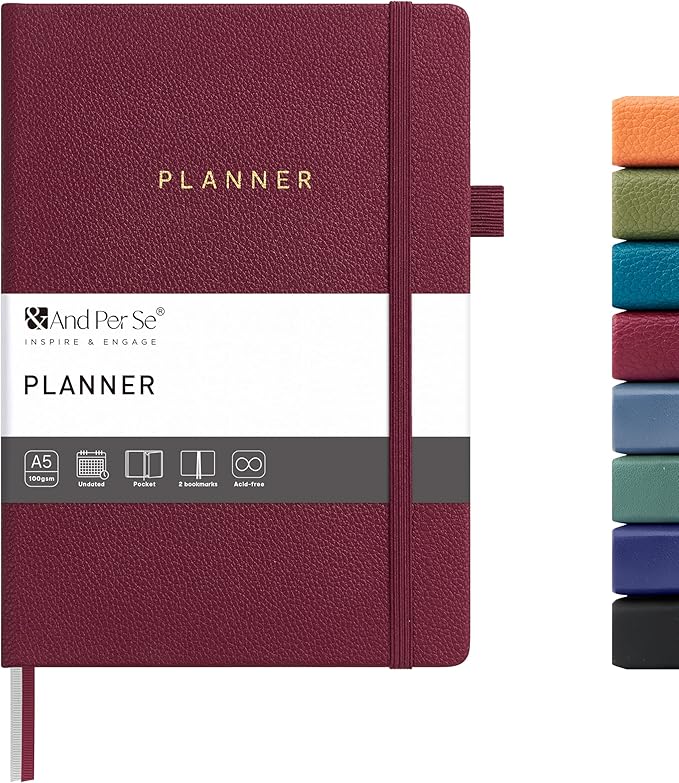 And Per Se Undated Weekly Planner 2026, A5 size Leather Hardcover Planner with Goals & Habit Tracker – ADHD Planner & Productivity Journal (Dark Red)