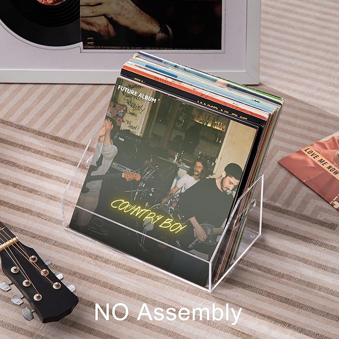 eletecpro No Assembly Acrylic Vinyl Record Storage Bin with Portable Handle, Fits 7/10/12 Inch and Holds Up to 40 LPs, Desktop Album Display Holder & Modern Multipurpose Organizer, Clear