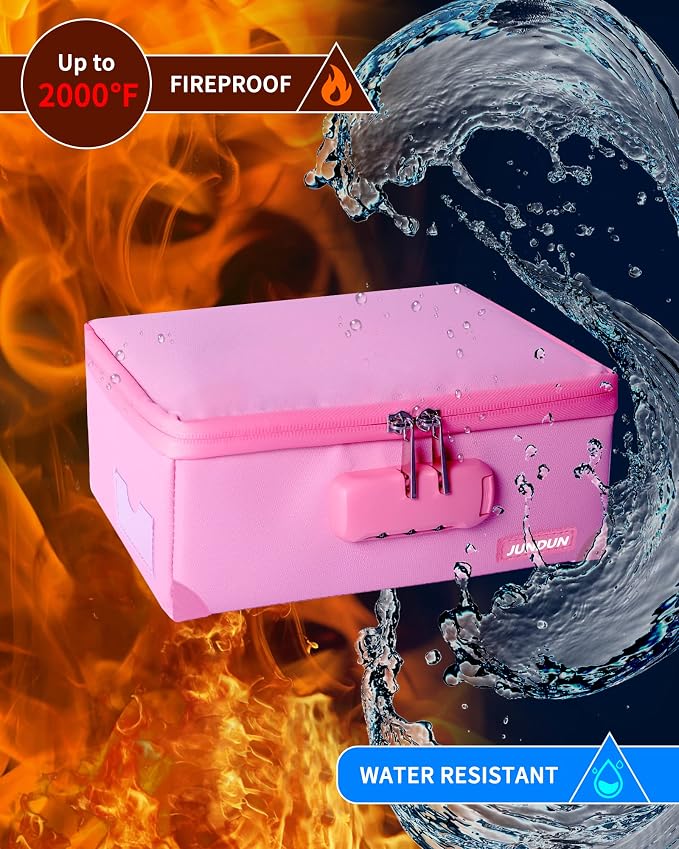 JUNDUN Index Card Holder with Lock,Collapsible Fireproof Index Card Box fits 1200 3x5-Inch Flash Cards - Business, Recipe, or Note Card Storage Boxes - Pink