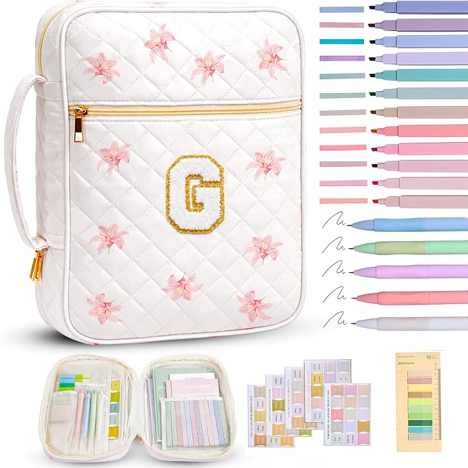 Bible Bag for Women, Bible Cover Case with Study Supplies, Initials Personalized Quilted Bible Bag, Large Chenille Bible Cover – Christian Gift for Girls (Pink Lilies-G)