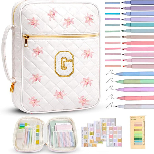 Bible Bag for Women, Bible Cover Case with Study Supplies, Initials Personalized Quilted Bible Bag, Large Chenille Bible Cover – Christian Gift for Girls (Pink Lilies-G)