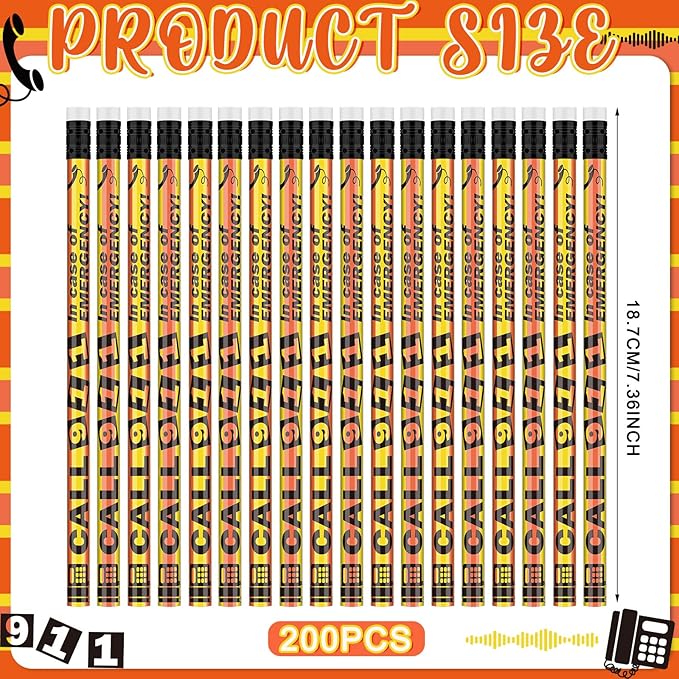 Eersida 200 Pcs ''call 911 in Case of Emergency'' Pencils Emergency Awareness Pencils Bulk with Erasers for Students Teacher Classroom, Community Programs, First Responders, Safety Education
