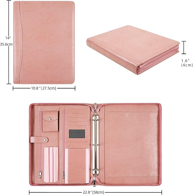 Pink Leather Padfolio for Women, Business Leather Binder 3 Ring Portfolio, Personalzied Leather Portfolio Binder (Pink, Custom)