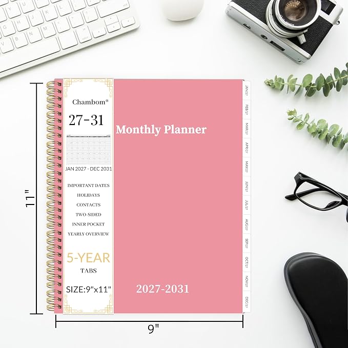 2027-2031 Monthly Planner 5 Year Monthly Planner/Calendar 2027-2031, Jan 2027 – Dec 2031, 9" x 11", Tabs, Double-Side Pocket, Holidays, Thick Paper - Pink