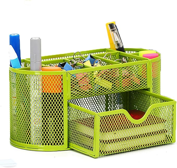 VANRA Metal Mesh Desk Supply Caddy Desktop Office Supplies Organizer Supply Holder 8 Compartments with Drawer (Green)