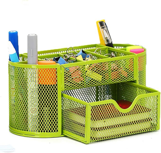 VANRA Metal Mesh Desk Supply Caddy Desktop Office Supplies Organizer Supply Holder 8 Compartments with Drawer (Green)