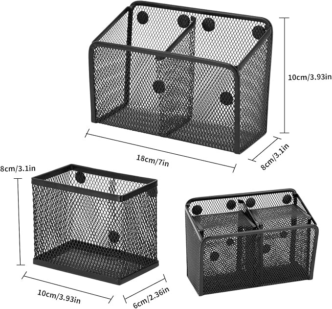 Neudeco Magnetic Locker Organizer, Set of 3, Black | Mesh Pencil Holder & Storage Basket, For Locker, Whiteboard & Refrigerator, Strong Magnet, School Supply Organizer