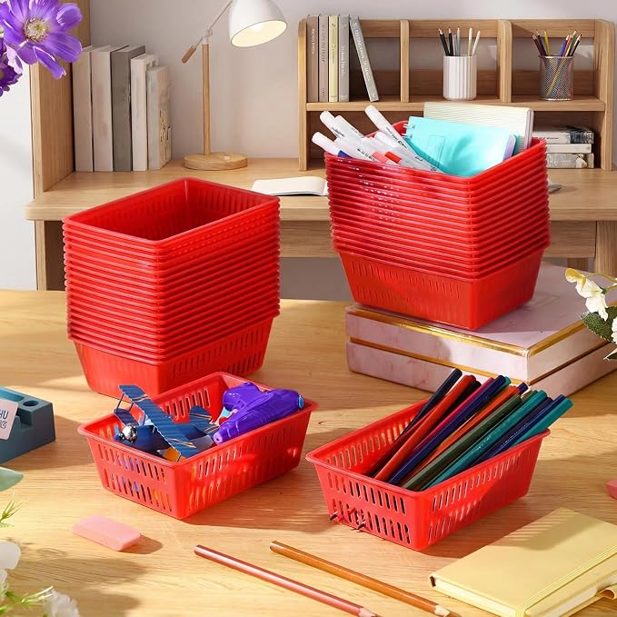 Sherr 36 Pack Classroom Storage Basket Small Plastic Basket for Organizing Crayon Pencil Container Storage Bin Tray Holder for Paper Shelf Back to School Office Supply 6.1" l x 4.3" w x 2.4" h(Red)