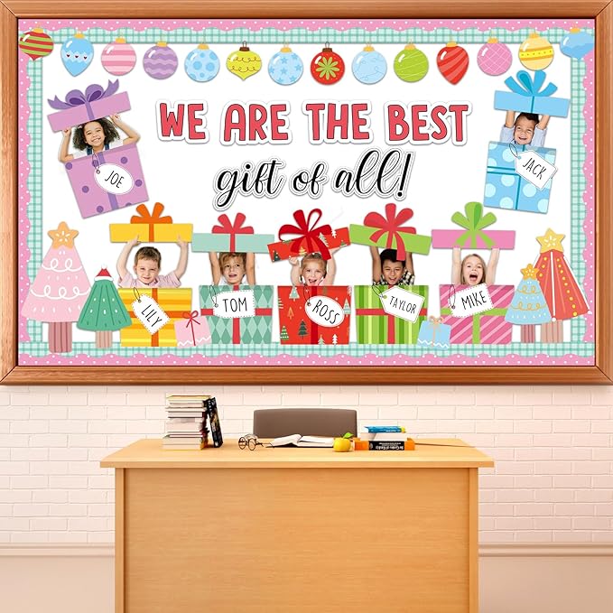 Christmas Bulletin Board Set Christmas DIY Photo Craft Gift Boxes Bulletin Board Decoration We are The Best Gift of All Cutouts for Xmas Holiday Preschool Classroom Chalkboard Wall Door Decor