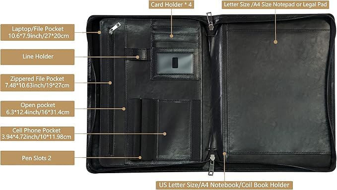 Free Engraved Name, Personalized PU Leather Portfolio, Embossed Resume Padfolio Folder with A4 Size Clipboard, Professional Business Organizer Folio, Gift for Women/Men, Customized(Black)