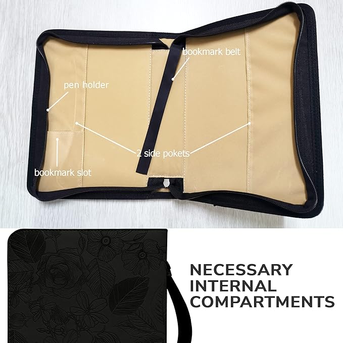 DEHITE Bible Cases for Woman — Leather Bible Covers for Women — Carrying Bag for Woman — Pen Slots — Zippered Pocket — Premium Faux Leather Holder — Christian Floral Accessories