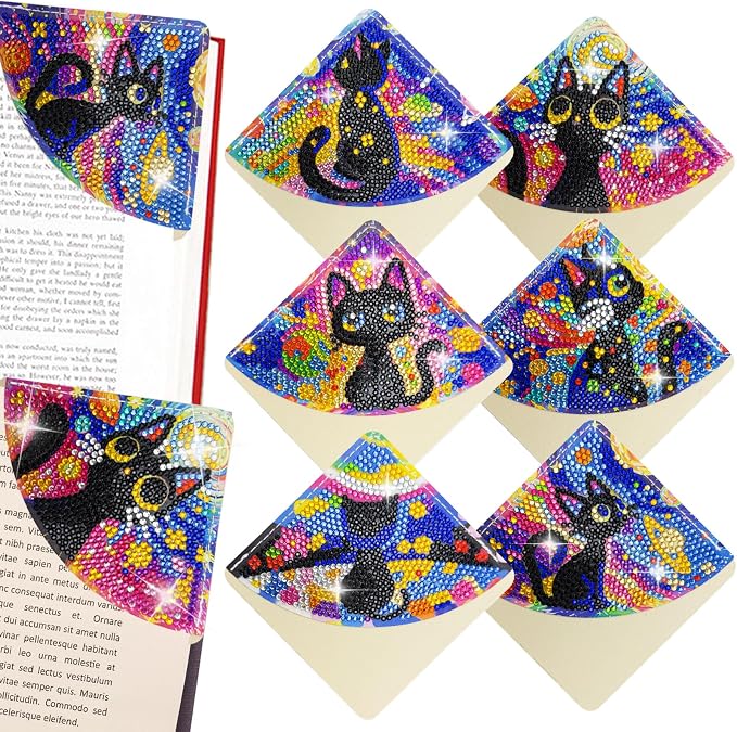 6 Pcs Diamond Painting Bookmark, DIY Corner Book Makers for Adults Book Lovers, Diamond Dot Art Beginner, Small Diamond Art Kits, Paint by Art Crafts Gift for Women Girls (Black Cat)