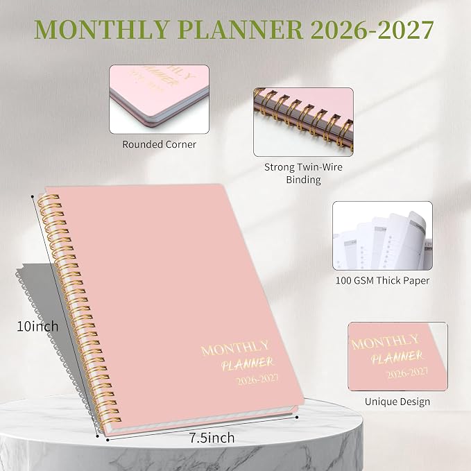 2026-2027 Monthly Planner - Jan.2026 - Dec. 2027, 2 Year Calendar 2026-2027 Monthly Planner, 7.5" x 10", 24 Months Calendar with Note Pages, Twin-wire Binding, for Office, School Home Planning - Pink