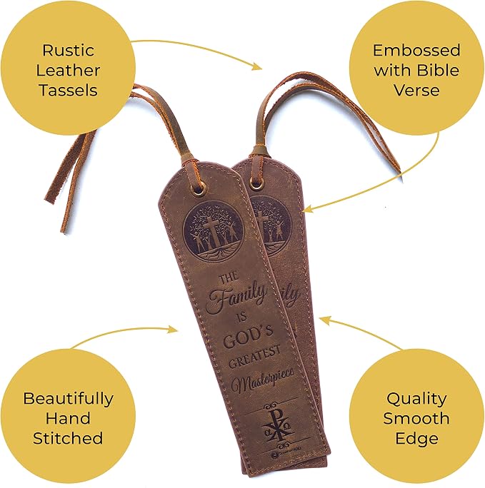 Leather Bible Bookmarks - 2 Leather Christian Bookmarks with Inspirational Verse | The Family is God’s Greatest Masterpiece | Perfect Religious Book Marker Gifts for Men, Women, Readers, Family