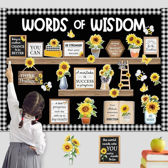Mooliwe 57 Pcs Sunflower Bulletin Board Set Inspirational Flower Bulletin Board Decoration Positive Cutout Classroom Decoration for School Office Home Teacher Classroom Wall Supplies