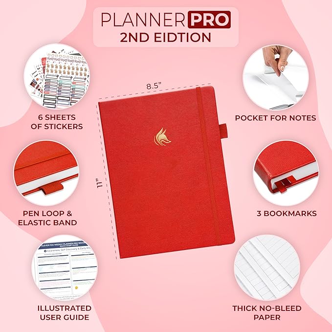 Clever Fox Planner PRO 2nd Edition – Undated Weekly Agenda Planner for Setting Goals, Tasks & Time Management – Life Organizer with To-do Lists & Habit Trackers – Large Format, 8.5x11″ (Red)
