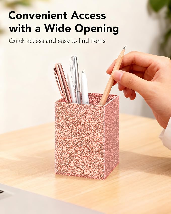 Light Pink Glitter Acrylic Pen Holder, Acrylic Makeup Brush Storage Organizer, Pencil Pen Holder for Desk, Modern Desktop Accessories for Office School Home Supplies