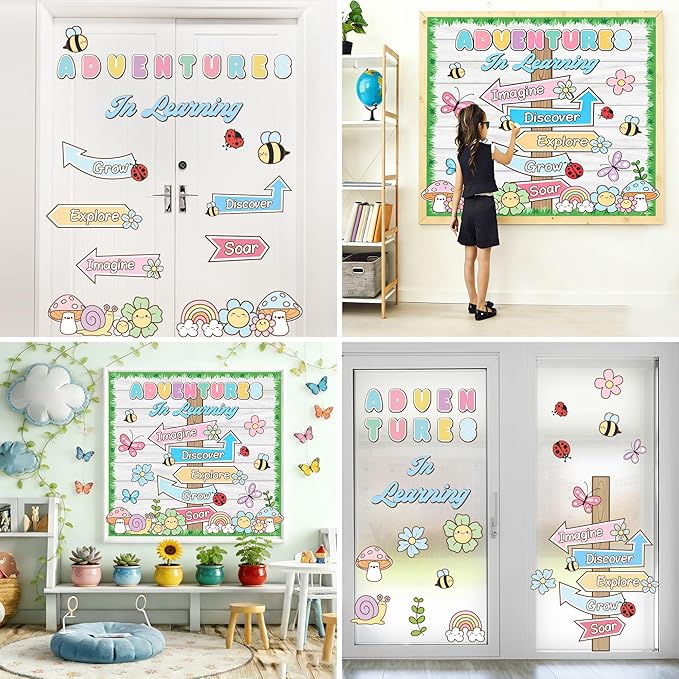 Spring Bulletin Board Adventures in Learning Classroom Decoration Spring Flower Signpost Paper Cutouts Spring Bulletin Board Set for Teacher Classroom School Office Chalkboard Wall Supply