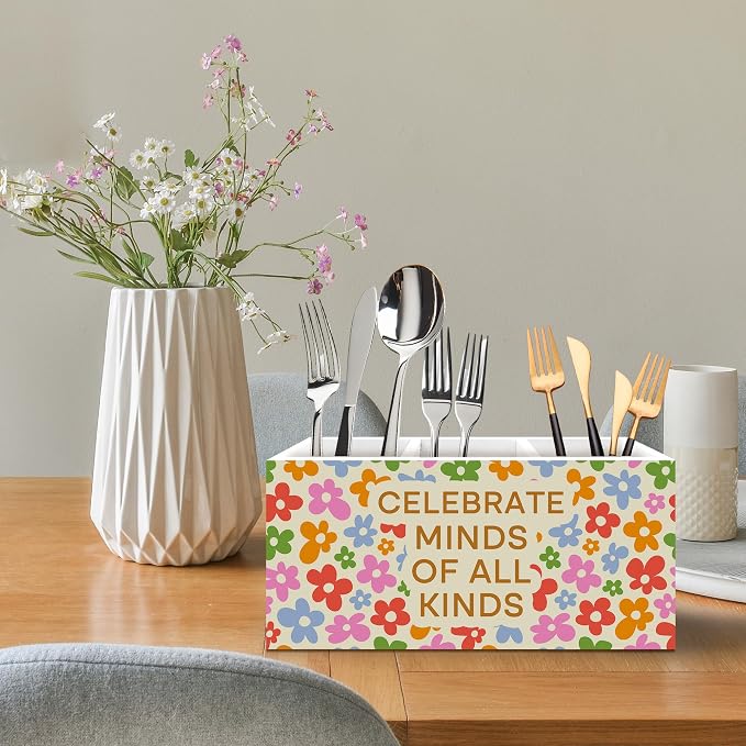 Retro Mental Health Floral Pen Holder, Therapy Office Pen Pencil Holder Organizer for Desk Accessories, Teacher Appreciation Gifts Wooden Box Desk Decor for Office Classroom Desk Decorations