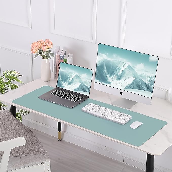 AFIING Leather Desk Pad Protector, 47" x 17" Large Desk Mat with Natural Cork & PU Leather, Mouse Pad, Non-Slip, Waterproof Desk Writing Pad for Office and Home (Light Blue)