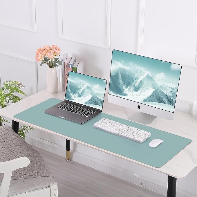 AFIING Cork Desk Mat 47" x 23.6", Dual-Sided Natural Cork & PU Leather Desk Pad, Non-Slip Waterproof Large Mouse Pad for Office, Home & Gaming (Light Blue)